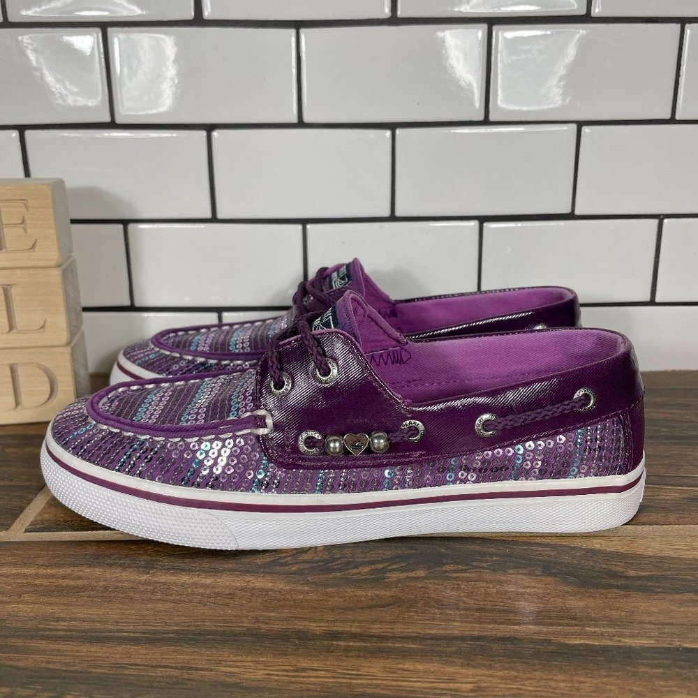 Sperry Bahama Youth Girls Size 3.5 Boat Shoes Plum Sequin Two Eye Moc Toe